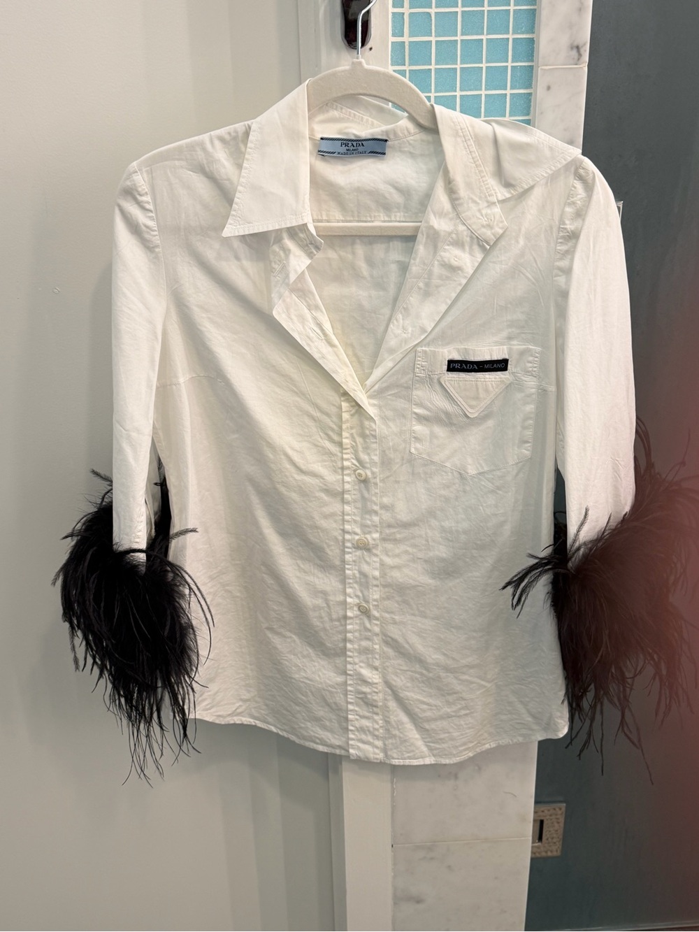 Prada White Button-Down Shirt with Black Feather Cuffs